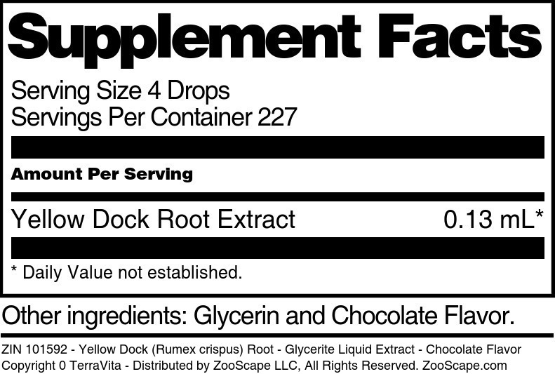 Yellow Dock (Rumex crispus) Root - Glycerite Liquid Extract - Supplement / Nutrition Facts