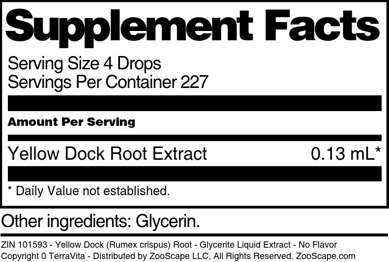 Yellow Dock (Rumex crispus) Root - Glycerite Liquid Extract - Supplement / Nutrition Facts