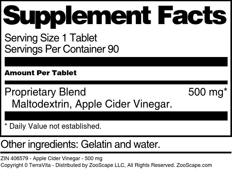 Apple Cider Vinegar - 500 mg - Supplement / Nutrition Facts