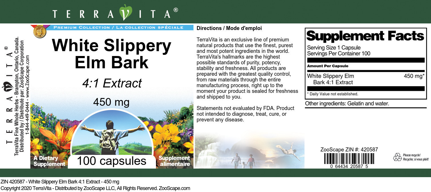White Slippery Elm Bark 4:1 Extract - 450 mg - Label
