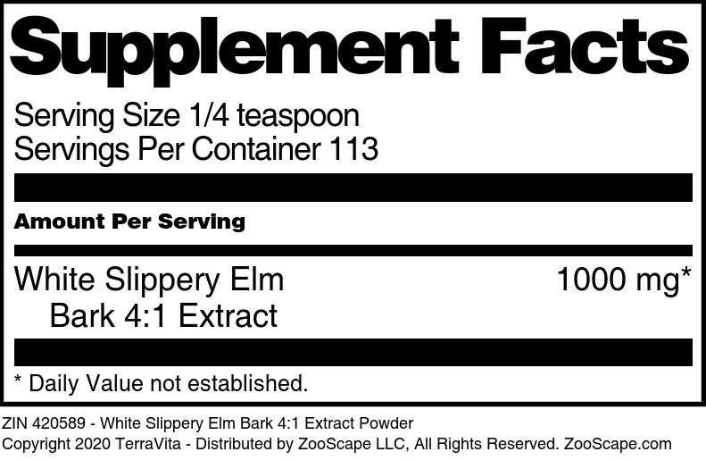 White Slippery Elm Bark 4:1 Extract Powder - Supplement / Nutrition Facts