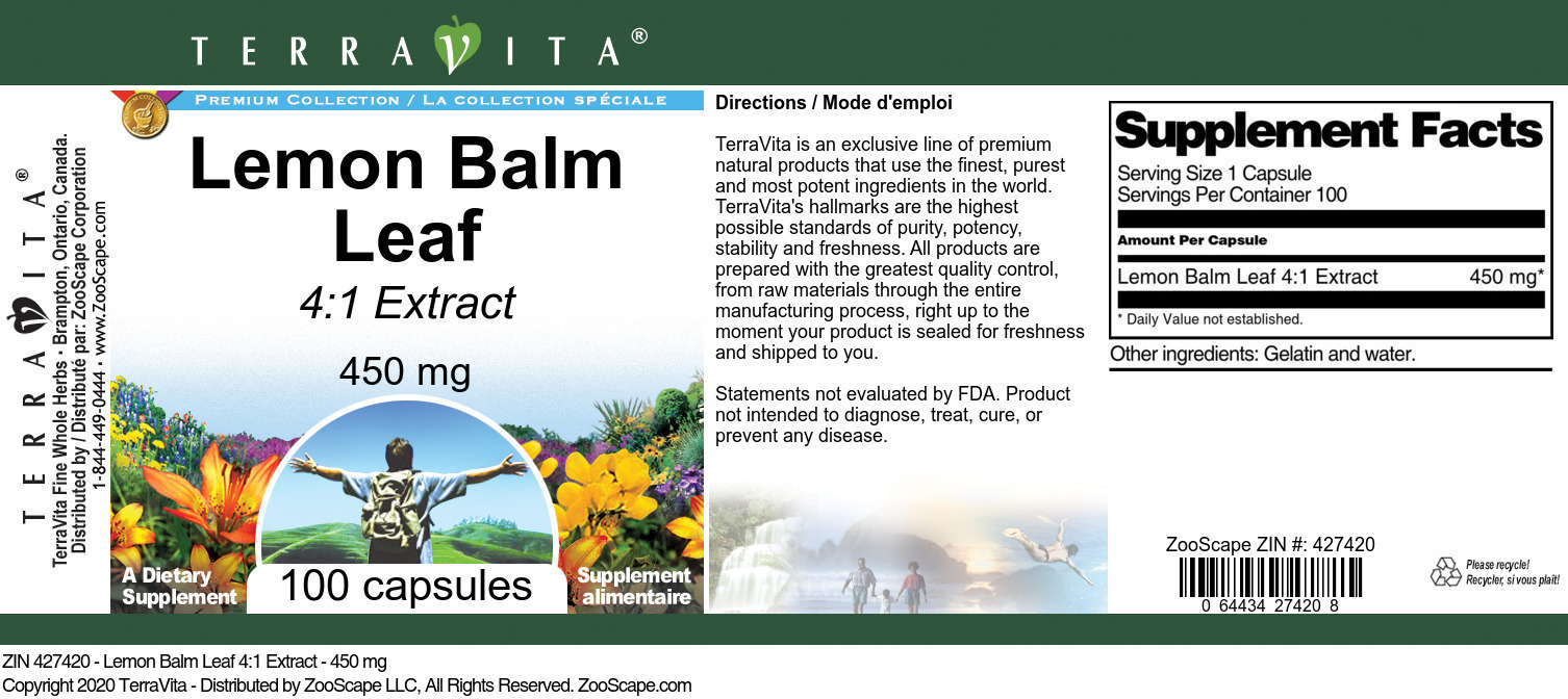 Lemon Balm Leaf 4:1 Extract - 450 mg - Label