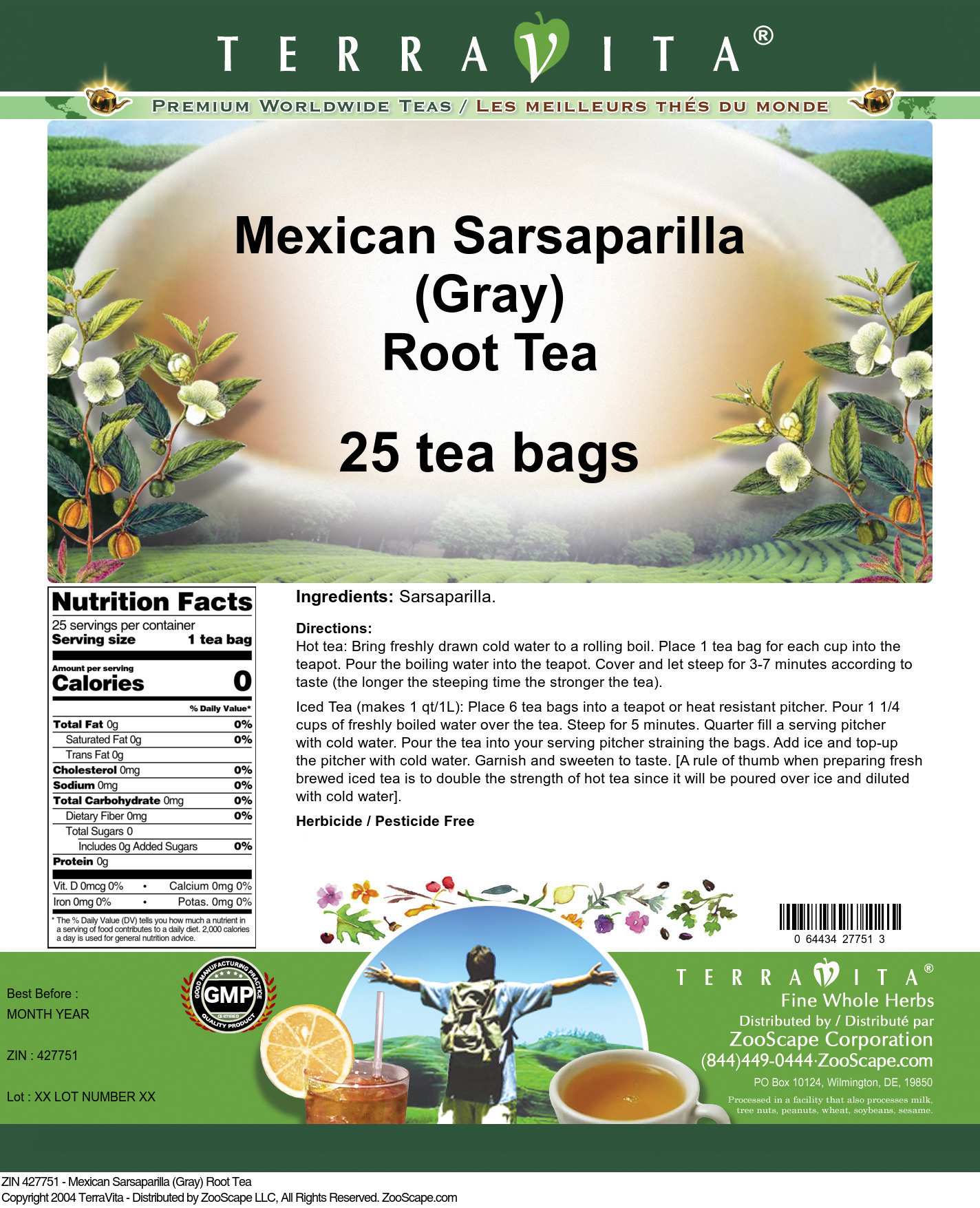Mexican Sarsaparilla (Gray) Root Tea - Label