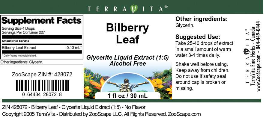Bilberry Leaf - Glycerite Liquid Extract (1:5) - Label