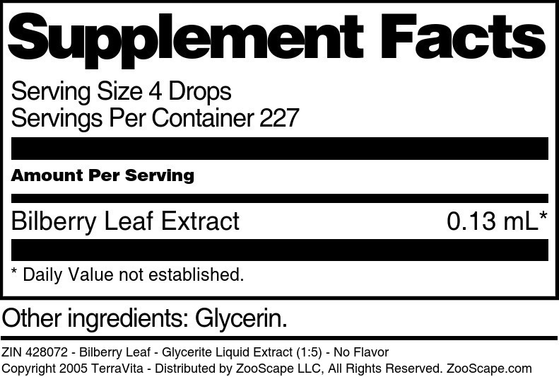 Bilberry Leaf - Glycerite Liquid Extract (1:5) - Supplement / Nutrition Facts