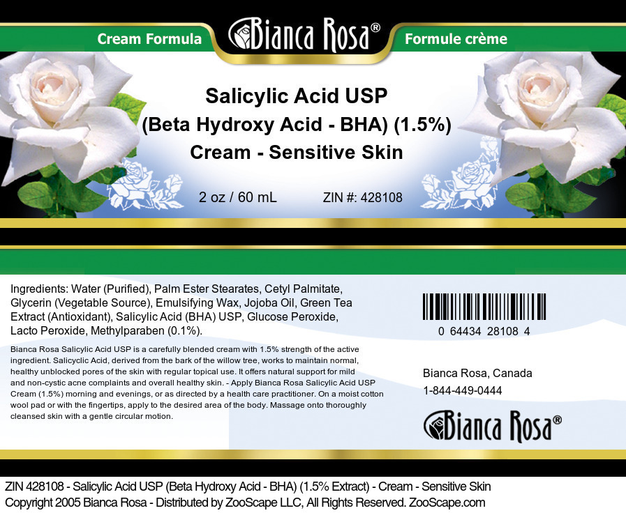 Salicylic Acid USP (Beta Hydroxy Acid - BHA) (1.5%) - Cream - Sensitive Skin - Label