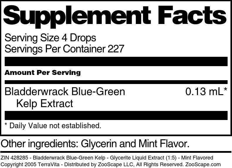 Bladderwrack Blue-Green Kelp - Glycerite Liquid Extract (1:5) - Supplement / Nutrition Facts