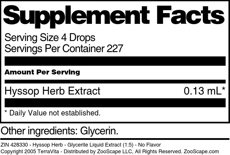 Hyssop Herb - Glycerite Liquid Extract (1:5) - Supplement / Nutrition Facts
