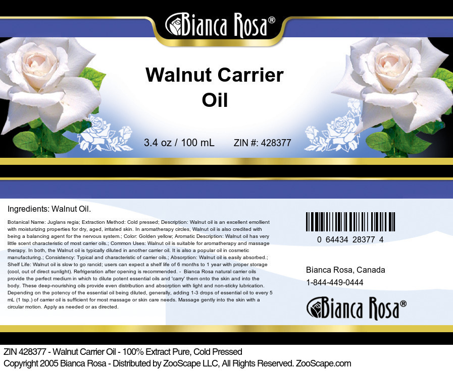 Walnut Carrier Oil - 100% Pure, Cold Pressed - Label