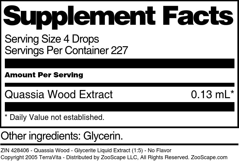 Quassia Wood - Glycerite Liquid Extract (1:5) - Supplement / Nutrition Facts