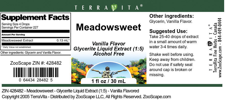 Meadowsweet - Glycerite Liquid Extract (1:5) - Label