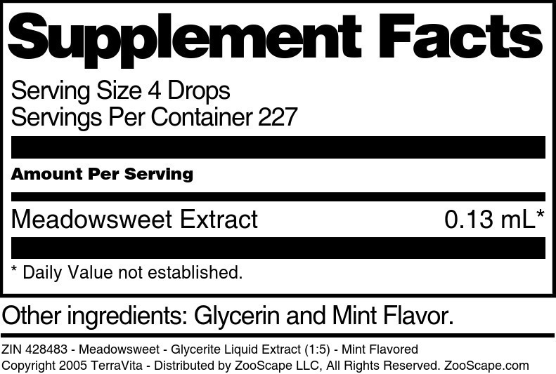 Meadowsweet - Glycerite Liquid Extract (1:5) - Supplement / Nutrition Facts