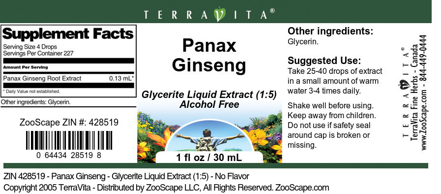 Panax Ginseng - Glycerite Liquid Extract (1:5) - Label