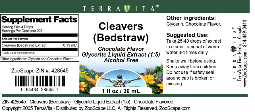 Cleavers (Bedstraw) - Glycerite Liquid Extract (1:5) - Label