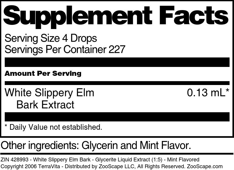 White Slippery Elm Bark - Glycerite Liquid Extract (1:5) - Supplement / Nutrition Facts