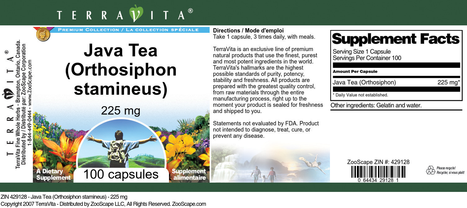 Java Tea (Orthosiphon stamineus) - 225 mg - Label