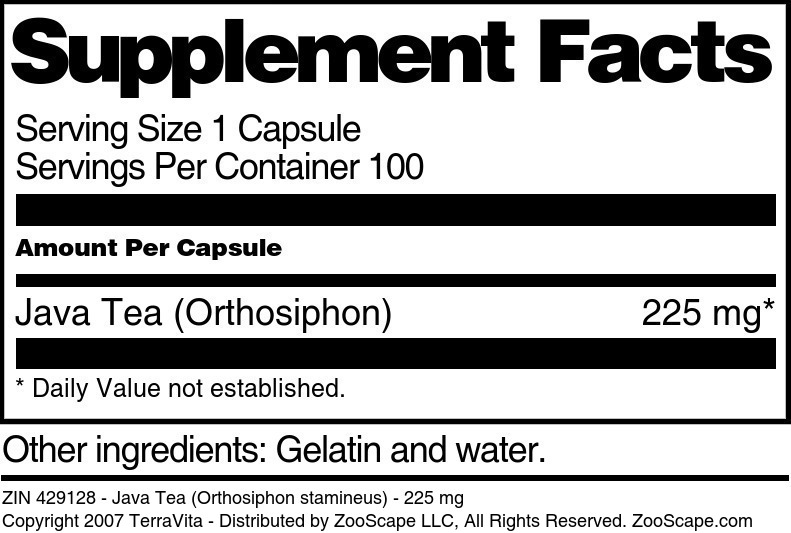 Java Tea (Orthosiphon stamineus) - 225 mg - Supplement / Nutrition Facts