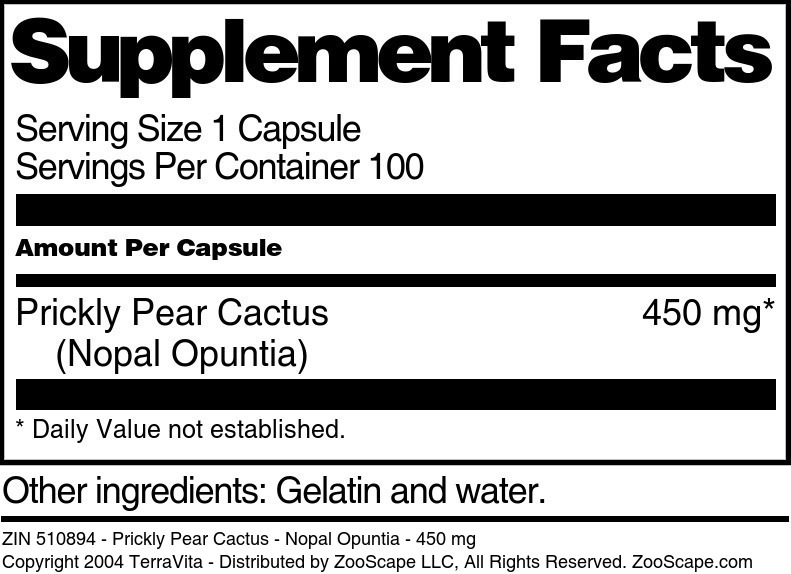 Prickly Pear Cactus - Nopal Opuntia - 450 mg - Supplement / Nutrition Facts