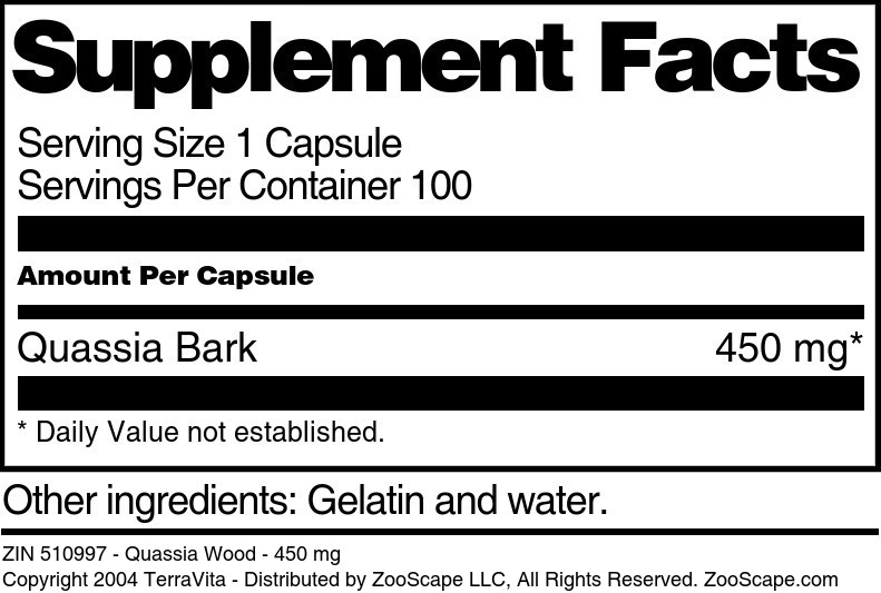 Quassia Wood - 450 mg - Supplement / Nutrition Facts