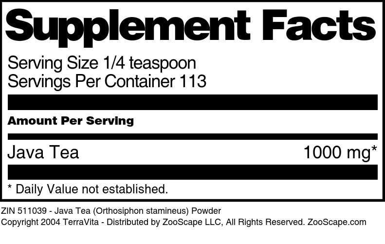 Java Tea (Orthosiphon stamineus) Powder - Supplement / Nutrition Facts