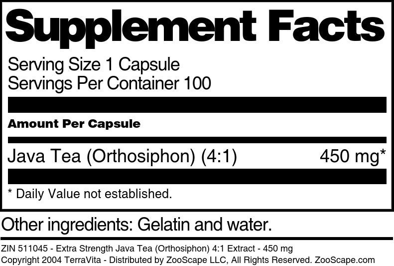 Extra Strength Java Tea (Orthosiphon) 4:1 Extract - 450 mg - Supplement / Nutrition Facts