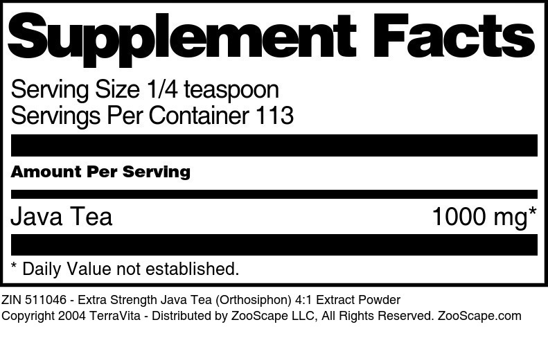 Extra Strength Java Tea (Orthosiphon) 4:1 Extract Powder - Supplement / Nutrition Facts