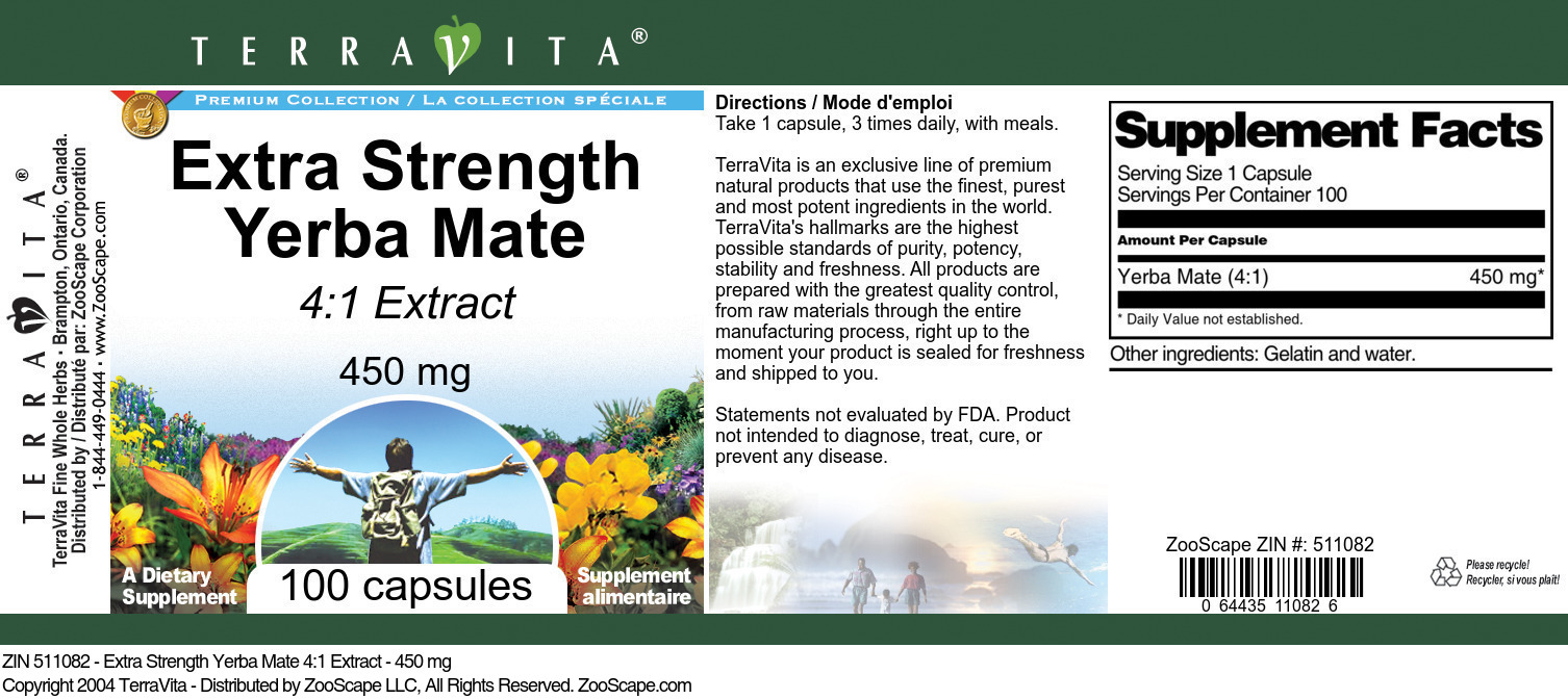 Extra Strength Yerba Mate 4:1 Extract - 450 mg - Label