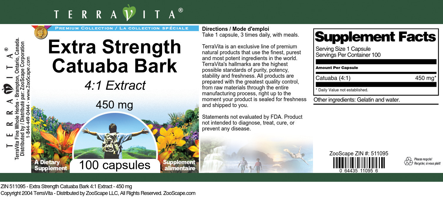 Extra Strength Catuaba Bark 4:1 Extract - 450 mg - Label