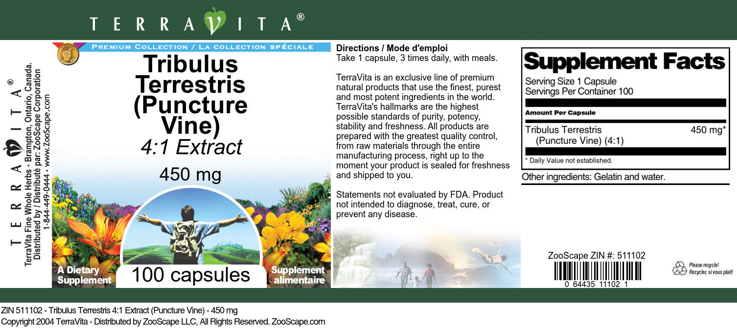 Tribulus Terrestris 4:1 Extract (Puncture Vine) - 450 mg - Label