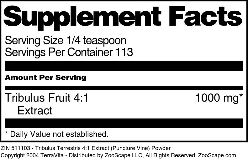 Tribulus Terrestris 4:1 Extract (Puncture Vine) Powder - Supplement / Nutrition Facts