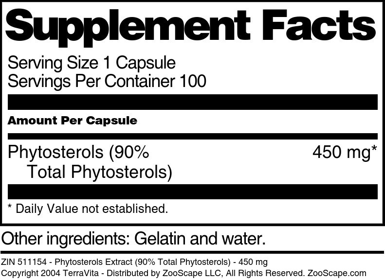Phytosterols Extract (90% Total Phytosterols) - 450 mg - Supplement / Nutrition Facts