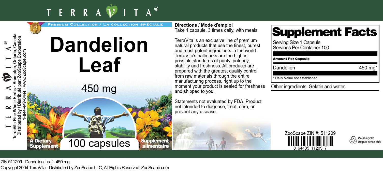 Dandelion Leaf - 450 mg - Label
