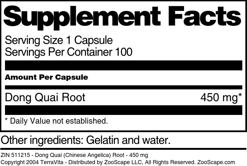 Dong Quai (Chinese Angelica) Root - 450 mg - Supplement / Nutrition Facts