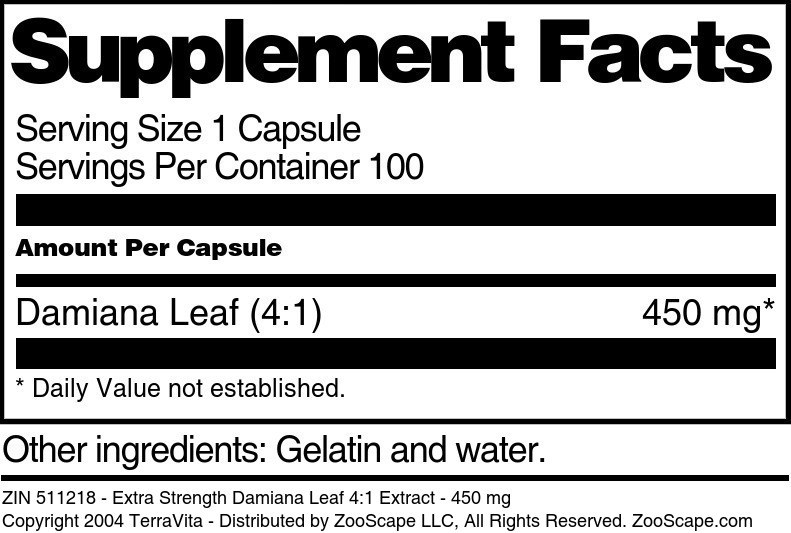 Extra Strength Damiana Leaf 4:1 Extract - 450 mg - Supplement / Nutrition Facts