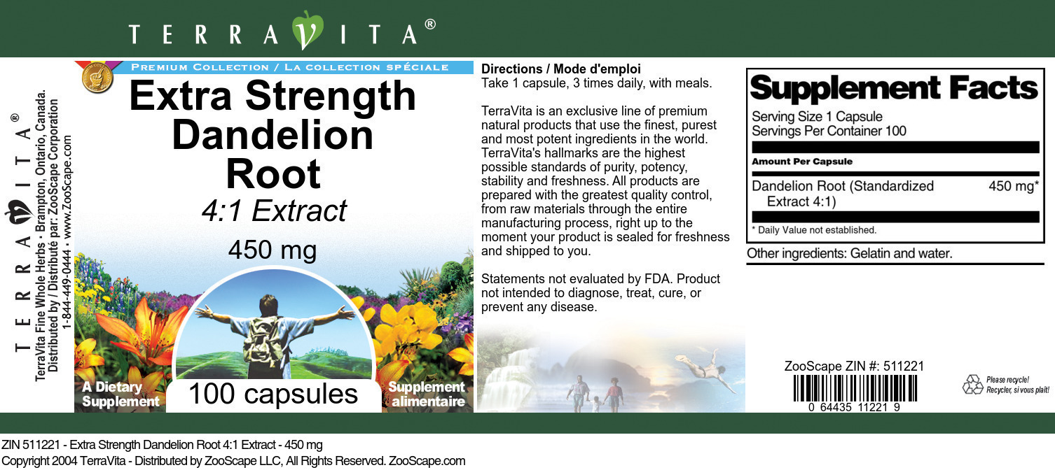 Extra Strength Dandelion Root 4:1 Extract - 450 mg - Label