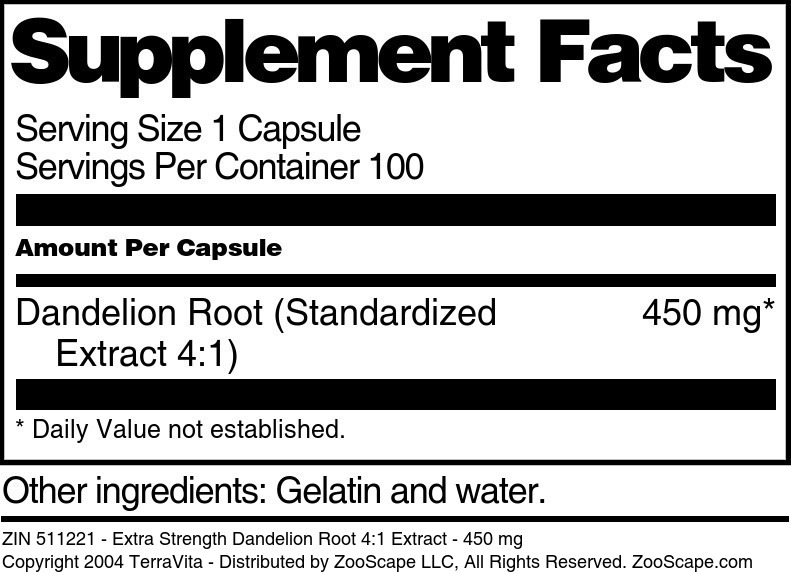 Extra Strength Dandelion Root 4:1 Extract - 450 mg - Supplement / Nutrition Facts