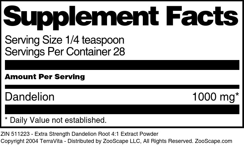 Extra Strength Dandelion Root 4:1 Extract Powder - Supplement / Nutrition Facts