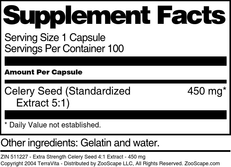 Extra Strength Celery Seed 4:1 Extract - 450 mg - Supplement / Nutrition Facts