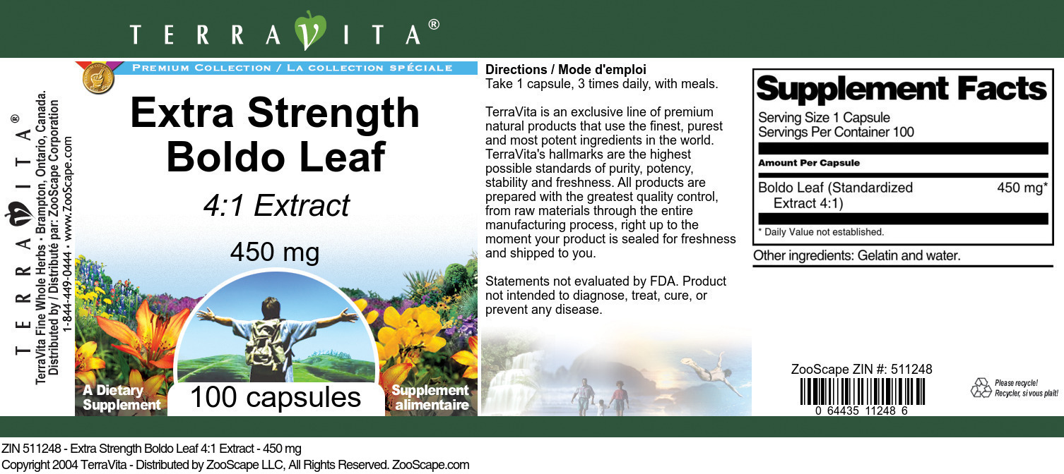 Extra Strength Boldo Leaf 4:1 Extract - 450 mg - Label