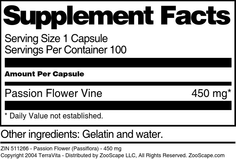 Passion Flower (Passiflora) - 450 mg - Supplement / Nutrition Facts
