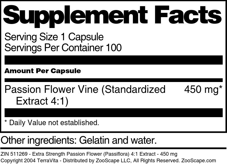Extra Strength Passion Flower (Passiflora) 4:1 Extract - 450 mg - Supplement / Nutrition Facts