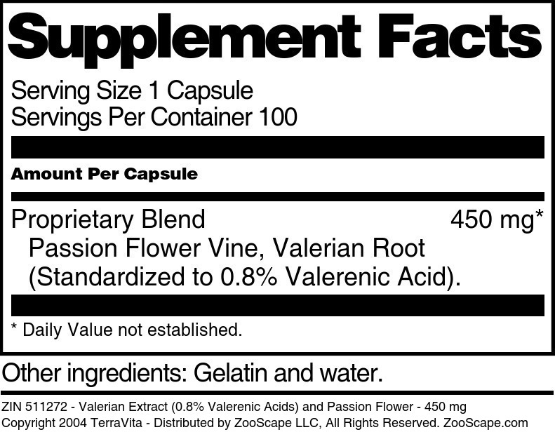 Valerian Extract (0.8% Valerenic Acids) and Passion Flower - 450 mg - Supplement / Nutrition Facts