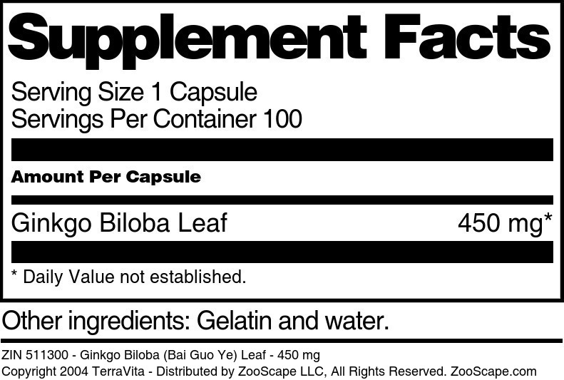 Ginkgo Biloba (Bai Guo Ye) Leaf - 450 mg - Supplement / Nutrition Facts