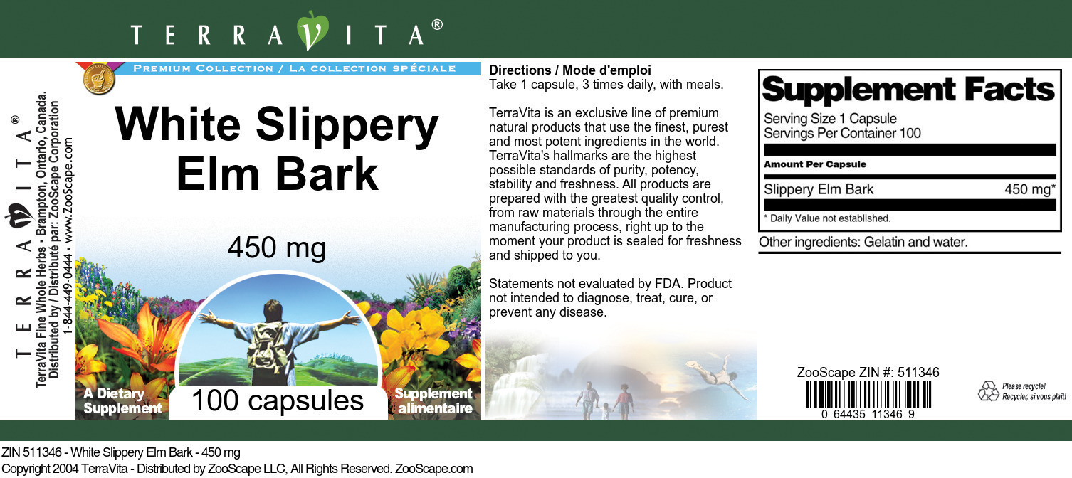 White Slippery Elm Bark - 450 mg - Label