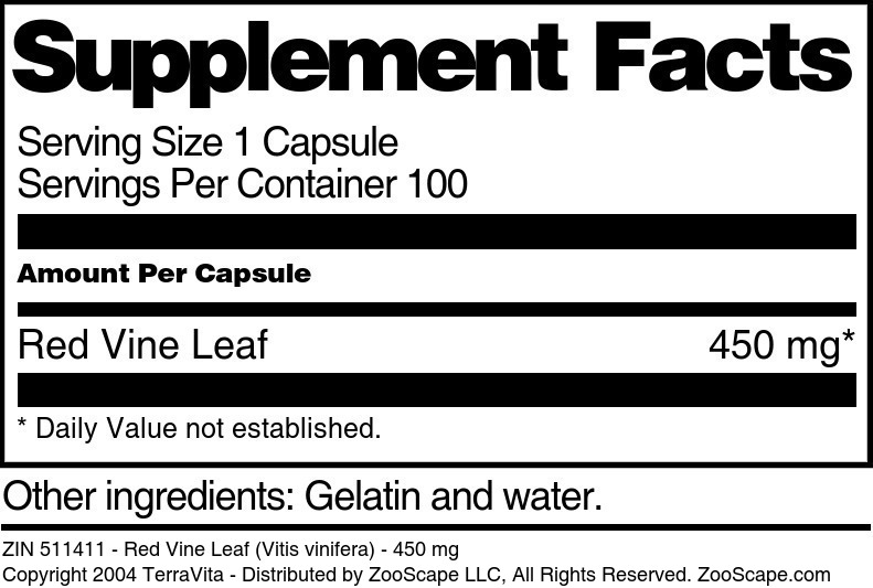Red Vine Leaf (Vitis vinifera) - 450 mg - Supplement / Nutrition Facts