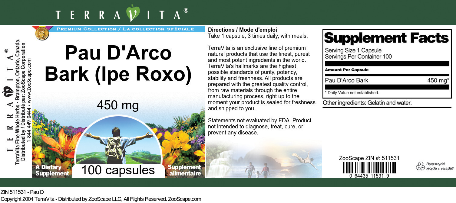 Pau D'Arco Bark (Ipe Roxo) - 450 mg - Label