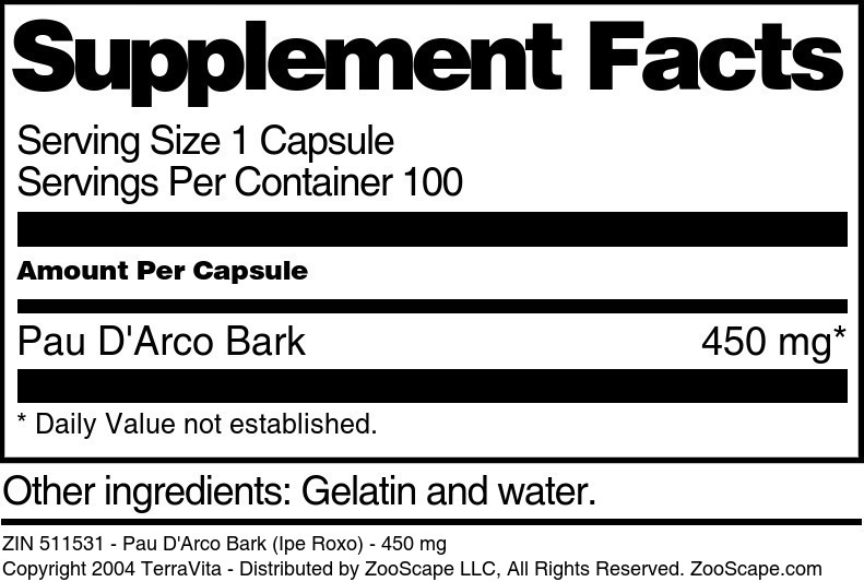 Pau D'Arco Bark (Ipe Roxo) - 450 mg - Supplement / Nutrition Facts