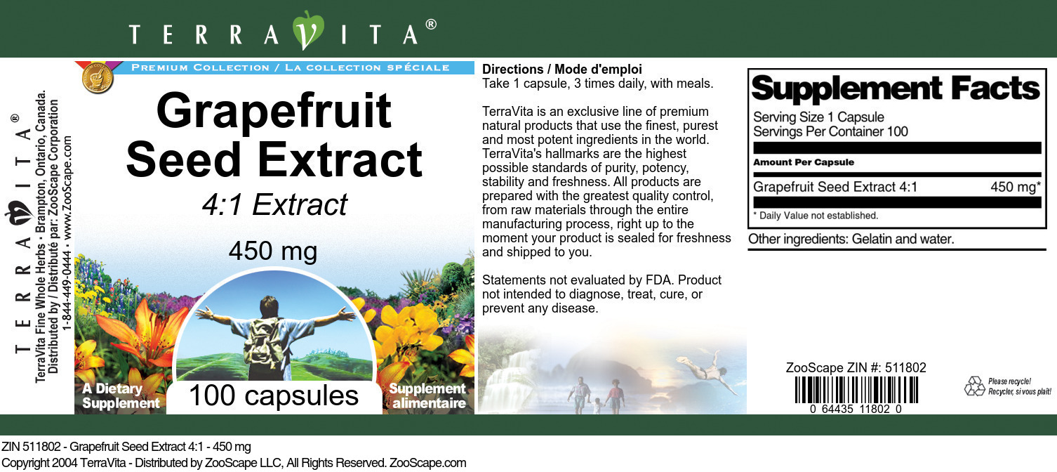 Grapefruit Seed Extract 4:1 - 450 mg - Label
