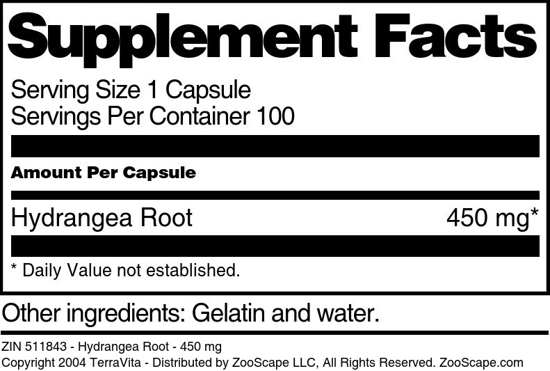 Hydrangea Root - 450 mg - Supplement / Nutrition Facts