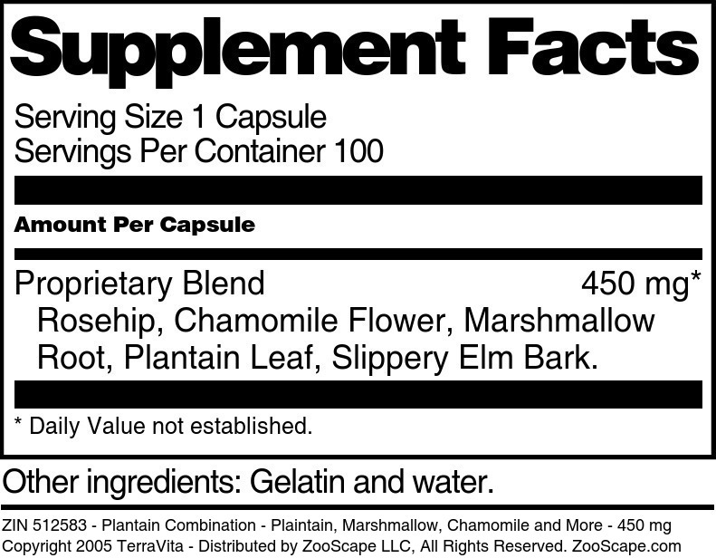 Plantain Combination - Plaintain, Marshmallow, Chamomile and More - 450 mg - Supplement / Nutrition Facts